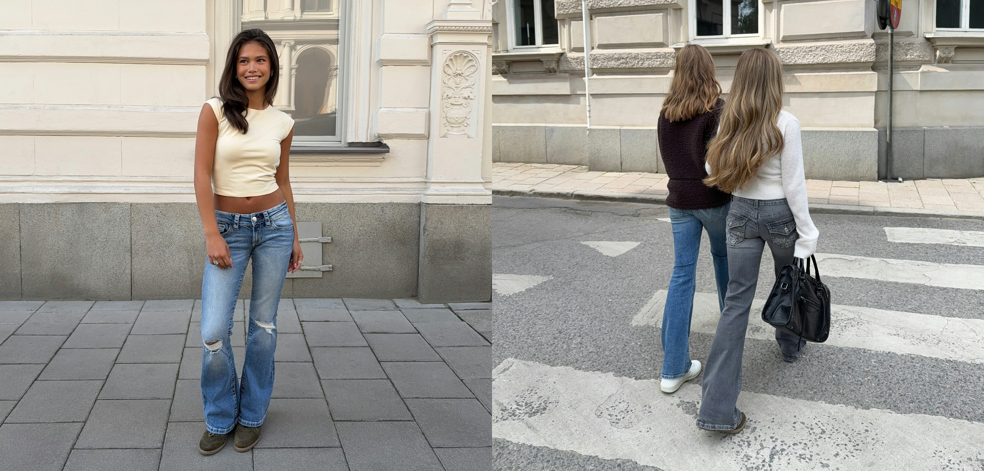 To personer i bootcut-jeans med dekorative baklommer, strikkede topper og sneakers – hverdagsstil.