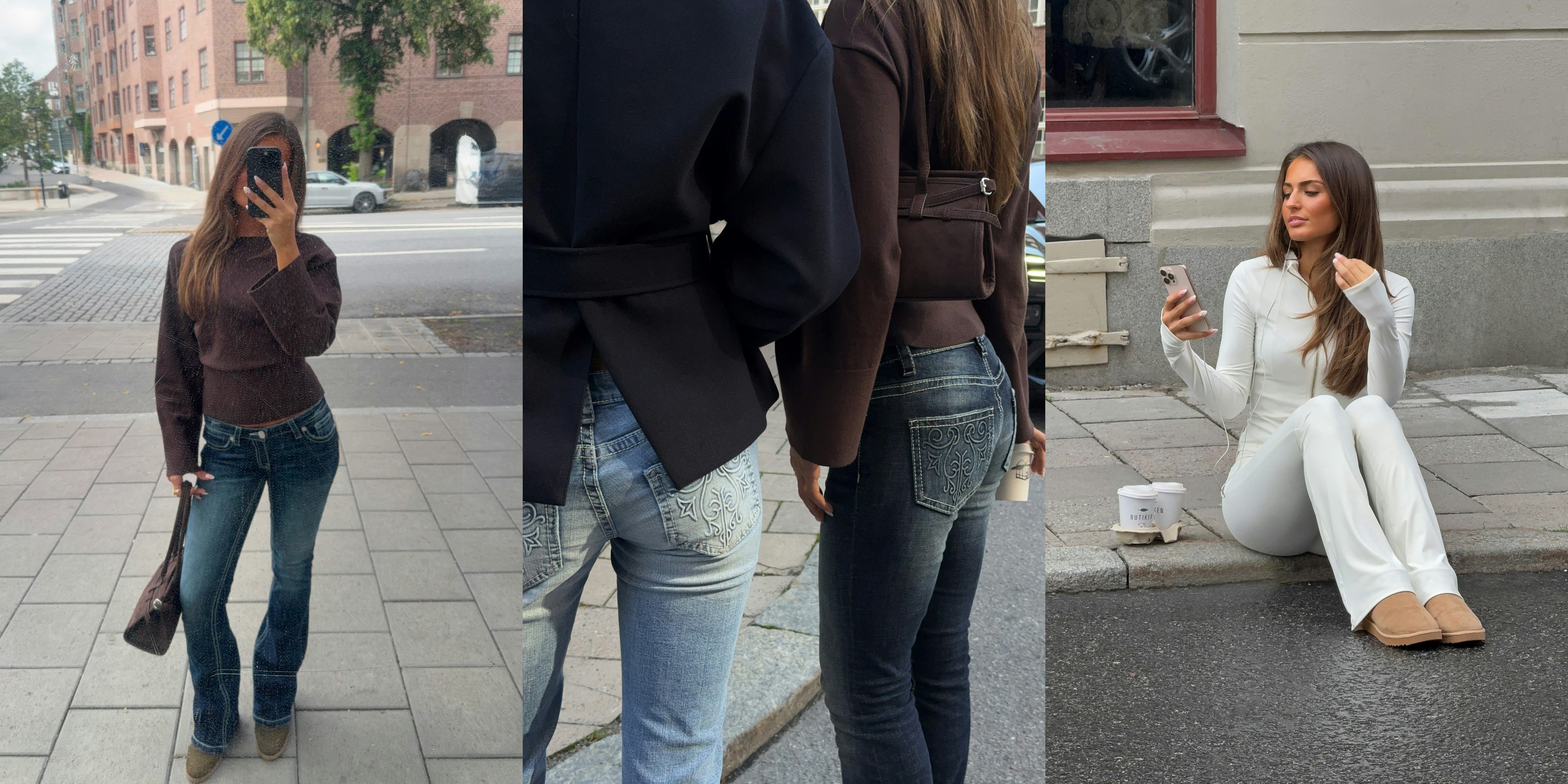Drei Alltagslooks mit Jeans, braunem Top und weißem Outfit