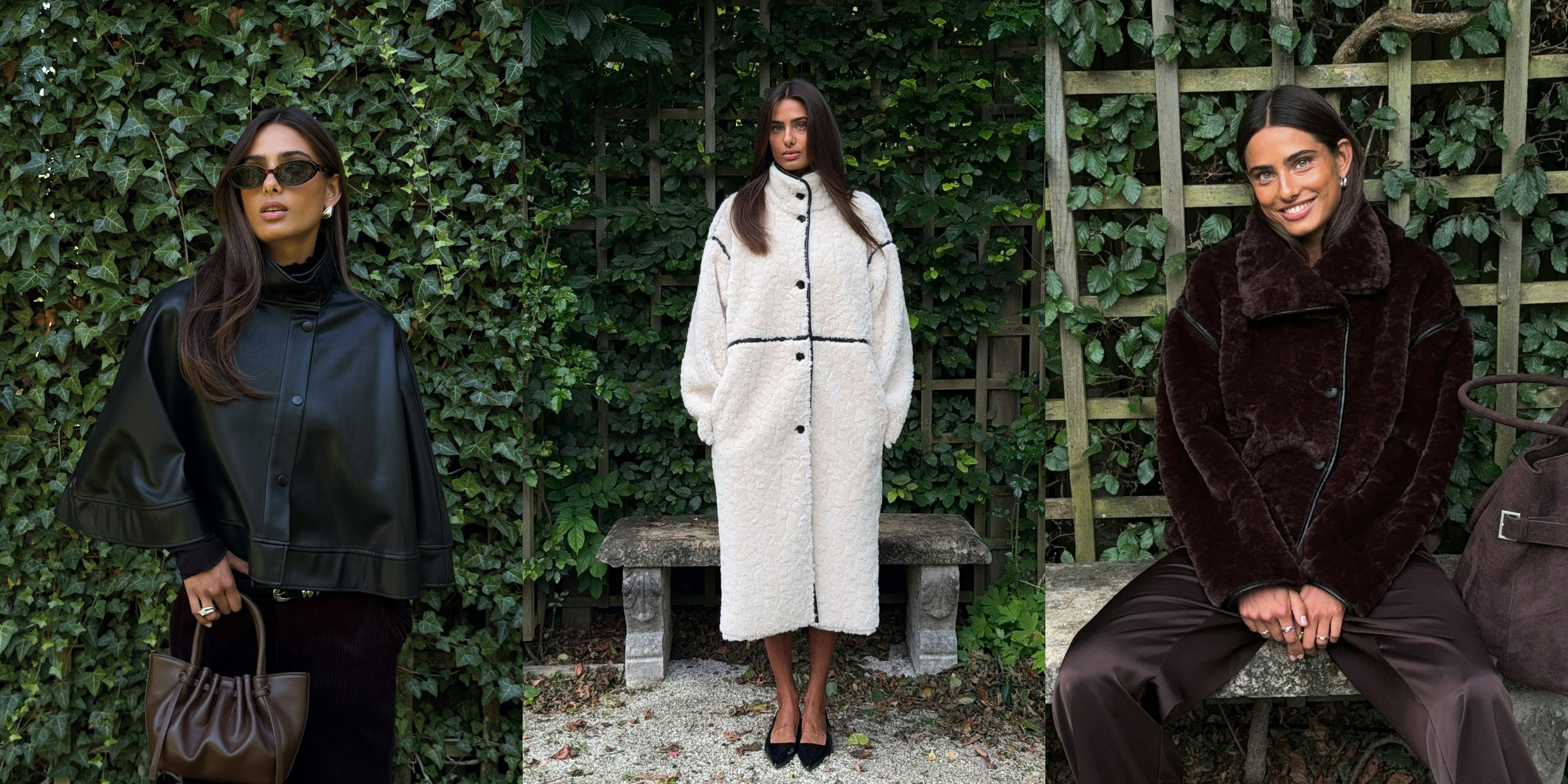 Trois vestes d’automne : cape noire en simili cuir, long manteau teddy blanc et veste teddy marron courte.